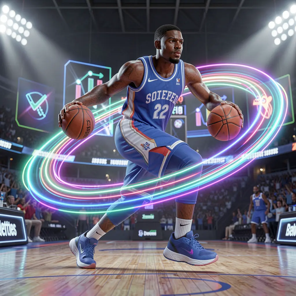 TINOLABET – Bet on basketball and top sports events in the Philippines Glowing basketball player in motion with neon trail and dynamic stadium background representing fast paced sports betting on TINOLABET in the Philippines