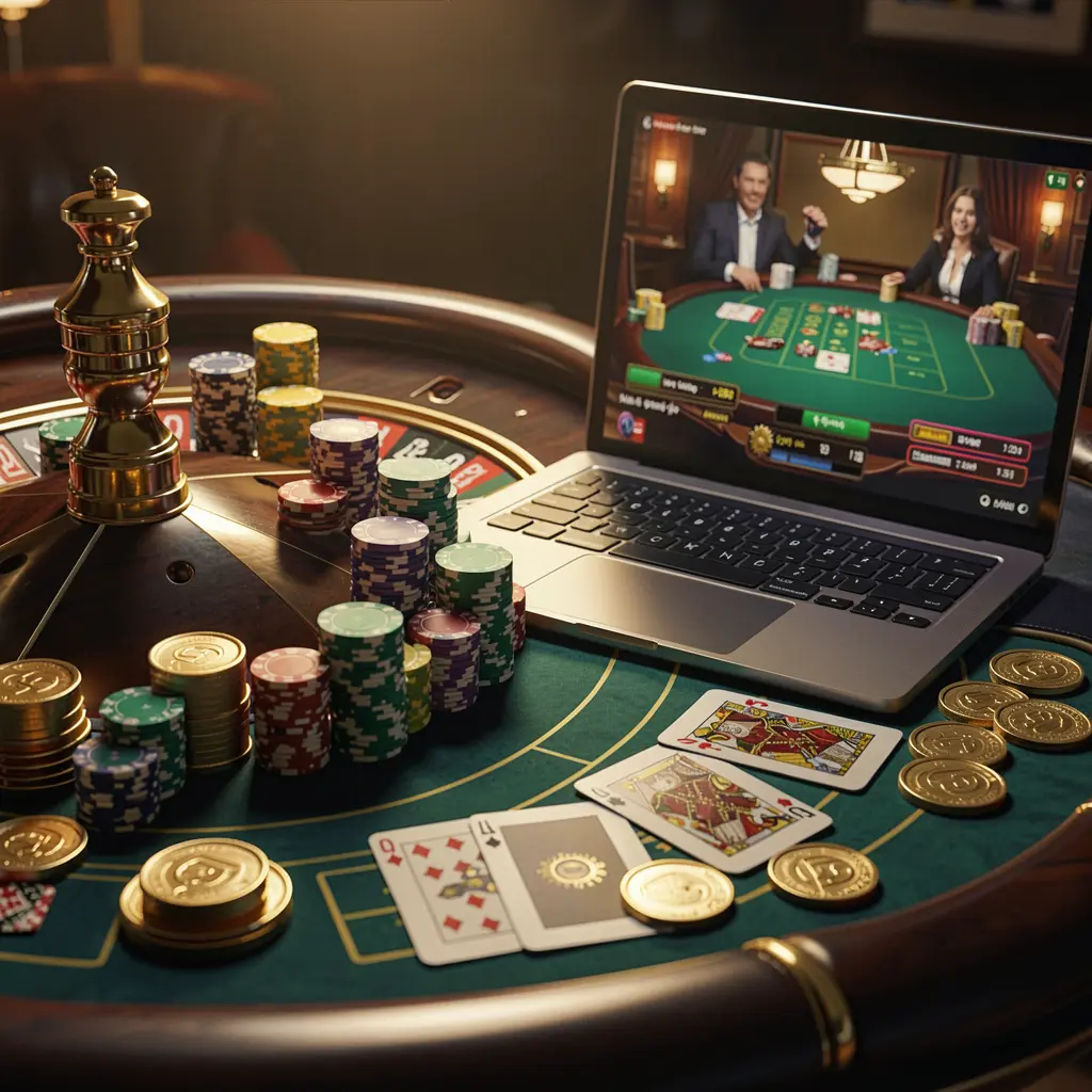 TINOLABET – Step into a high class online casino experience Elegant online casino setup with a roulette wheel, stacked chips, and a laptop displaying live gameplay highlighting the premium casino experience at TINOLABET Philippines