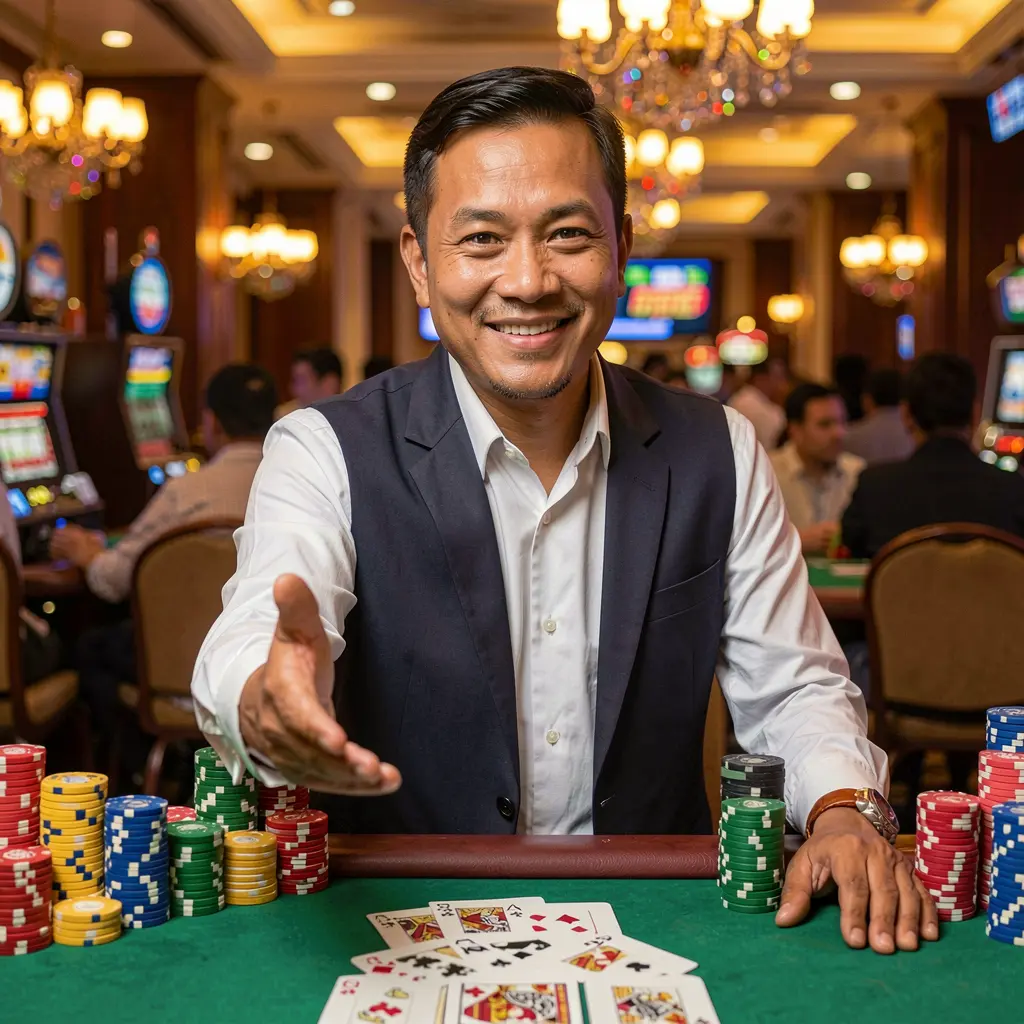 TINOLABET Login – Fast and protected access to your gaming account in the Philippines Confident casino host extending his hand with glowing poker chips floating in the background representing secure and exciting login on TINOLABET for the Philippines