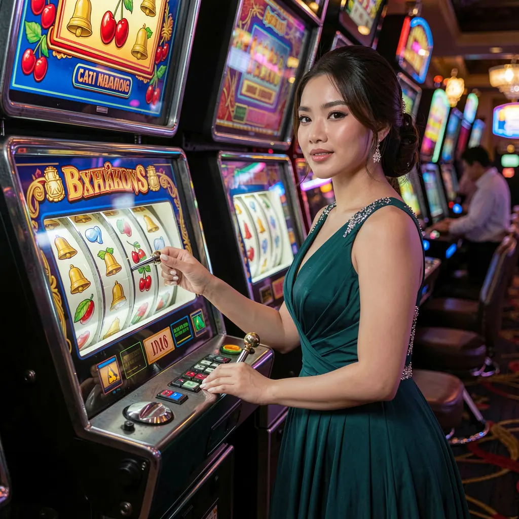 TINOLABET – Experience premium online slot entertainment for players in the Philippines Stylish Filipino woman in an elegant evening dress playing a glowing slot machine with cherry symbols in a luxurious casino atmosphere at TINOLABET Philippines